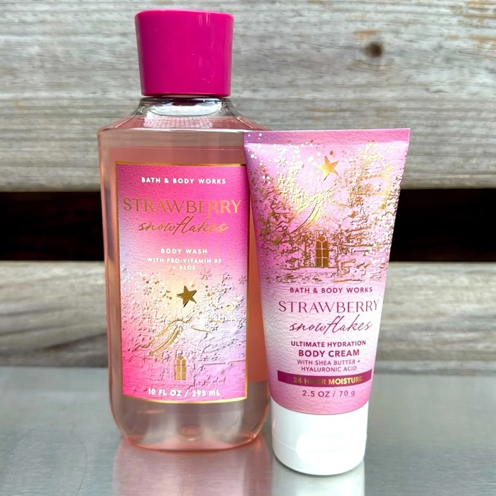 Bath & Body Works Strawberry Snowflakes Body Wash 10 FLOZ & Body Cream 2.5 OZ